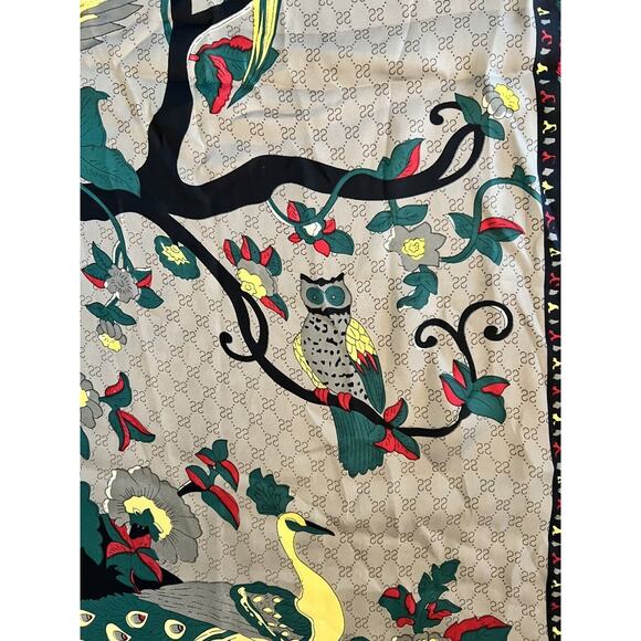 STUNNING Designer ADQ Festive Scarf Birds Owls Trees Flowers Black Red Yellow - Picture 8 of 10